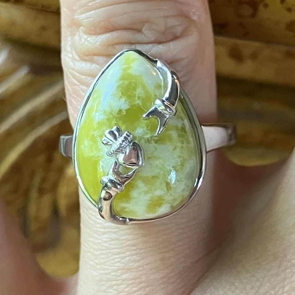 Natural Connemara Marble Sterling Silver Claddagh Ring Size 7